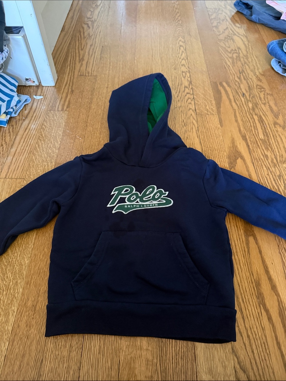 Ralph Lauren Navy Hoodie with Green Hood Lining and Polo Script